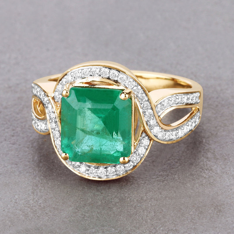 IGI Certified 3.72 Carat Genuine Zambian Emerald and White Diamond 14K Yellow Gold Ring