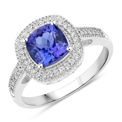 1.98 Carat Genuine Tanzanite and White Diamond 14K White Gold Ring