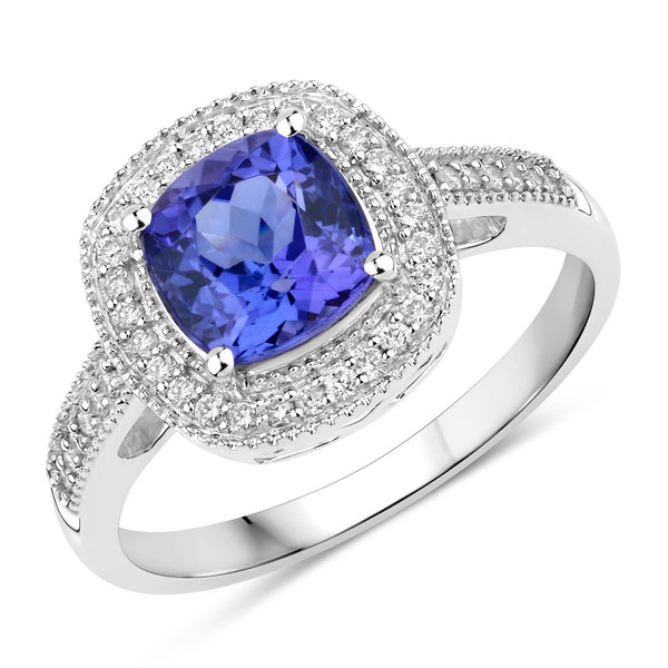 1.98 Carat Genuine Tanzanite and White Diamond 14K White Gold Ring