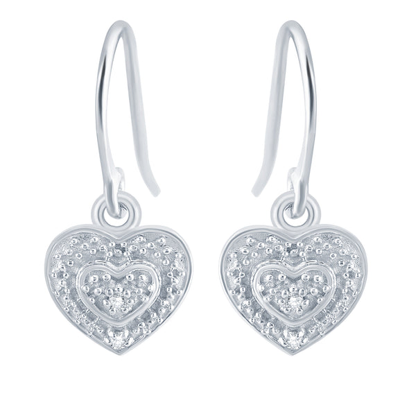 V3 Jewelry Natural White Diamond Sterling Silver Heart Dangle Earrings