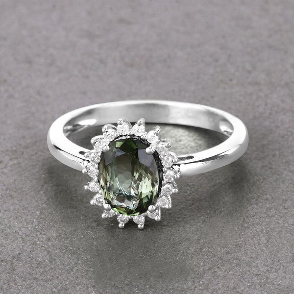 1.37 Carat Genuine Green Tourmaline and White Diamond 14K White Gold Ring