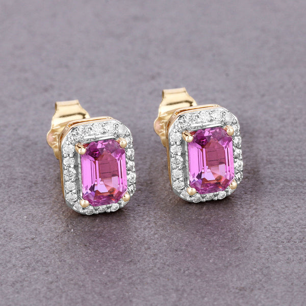 1.46 Carat Genuine Pink Sapphire and White Diamond 14K Yellow Gold Earrings