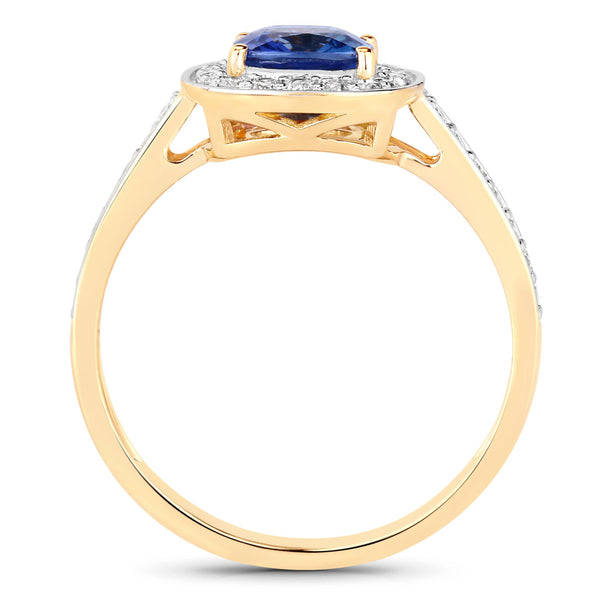 1.31 Carat Genuine Blue Sapphire and White Diamond 18K Yellow Gold Ring