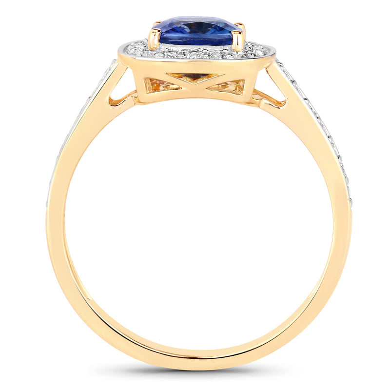 1.31 Carat Genuine Blue Sapphire and White Diamond 18K Yellow Gold Ring