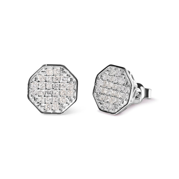 10K White Gold 7/8 Cttw Princess Diamond Composite Octagon Shaped Stud Earrings (I-J Color, I1-I2 Clarity)