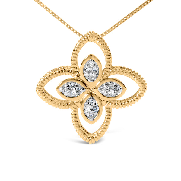 10K Yellow Gold 1/10 Cttw Diamond Floral Motif with Beaded Halo Pendant 18" Necklace (I-J Color, I1-I2 Clarity)