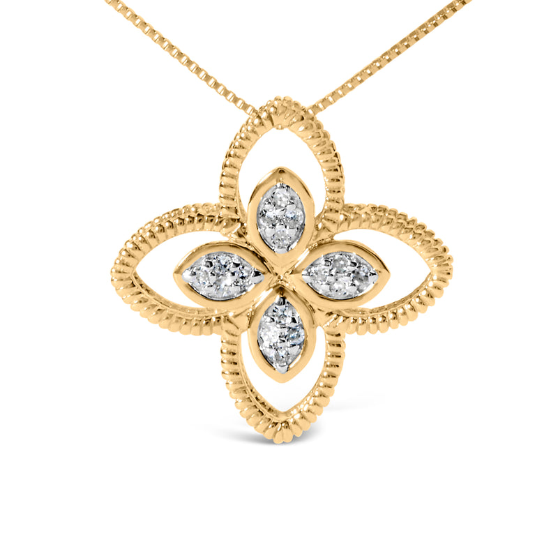 10K Yellow Gold 1/10 Cttw Diamond Floral Motif with Beaded Halo Pendant 18" Necklace (I-J Color, I1-I2 Clarity)