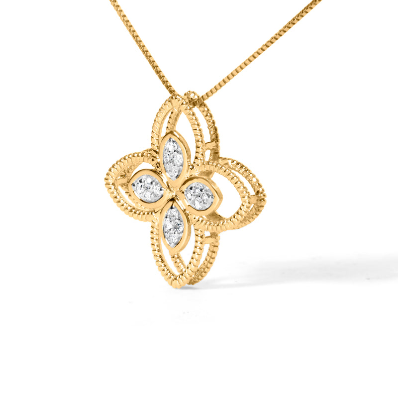 10K Yellow Gold 1/10 Cttw Diamond Floral Motif with Beaded Halo Pendant 18" Necklace (I-J Color, I1-I2 Clarity)