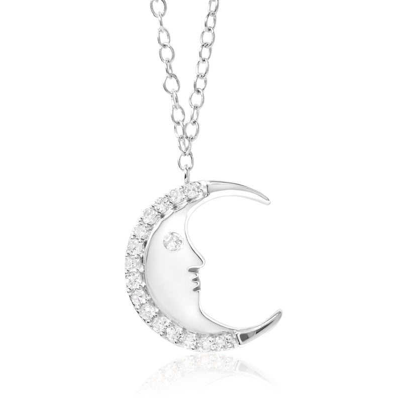 .925 Sterling Silver 1/10ct Diamond Crescent Man on the Moon 18" Pendant Necklace (H-I Color, SI1-SI2 Clarity)