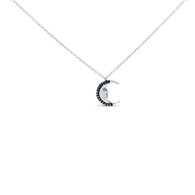 .925 Sterling Silver 1/10ct Blue Diamond Crescent Man on the Moon 18" Pendant Necklace (Blue Color, SI1-SI2 Clarity)