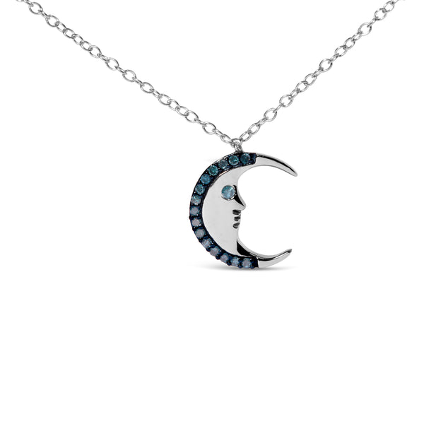 .925 Sterling Silver 1/10ct Blue Diamond Crescent Man on the Moon 18" Pendant Necklace (Blue Color, SI1-SI2 Clarity)