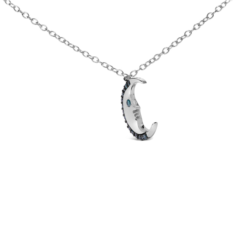 .925 Sterling Silver 1/10ct Blue Diamond Crescent Man on the Moon 18" Pendant Necklace (Blue Color, SI1-SI2 Clarity)