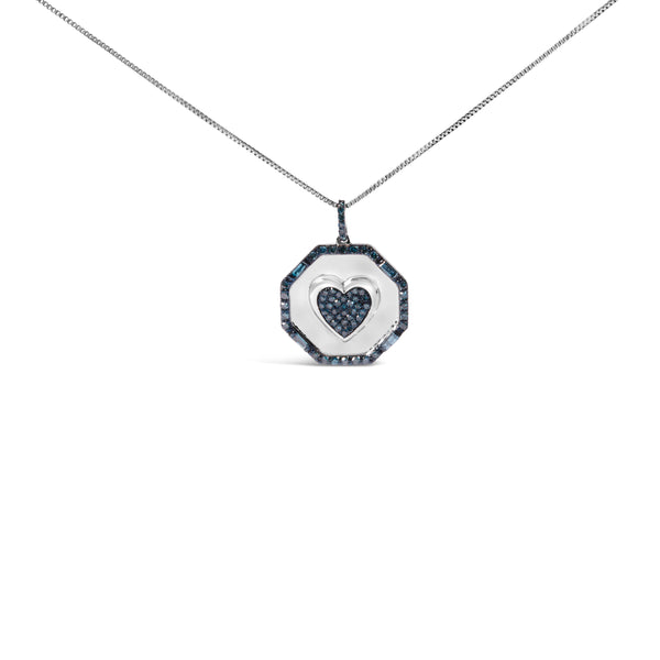 .925 Sterling Silver 5/8 Cttw Blue Diamond Mirror Plate with Heart and Diamond Halo 18" Pendant Necklace (Blue Color, I2-I3 Clarity)