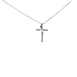 .925 Sterling Silver 1/4 Cttw Blue Diamond Ribbon Swirl over Cross Pendant Necklace (Blue Color, I2-I3 Clarity) - 18" Inches