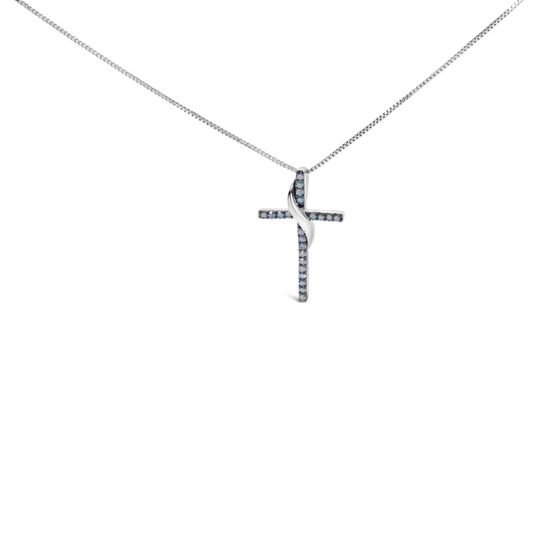 .925 Sterling Silver 1/4 Cttw Blue Diamond Ribbon Swirl over Cross Pendant Necklace (Blue Color, I2-I3 Clarity) - 18" Inches