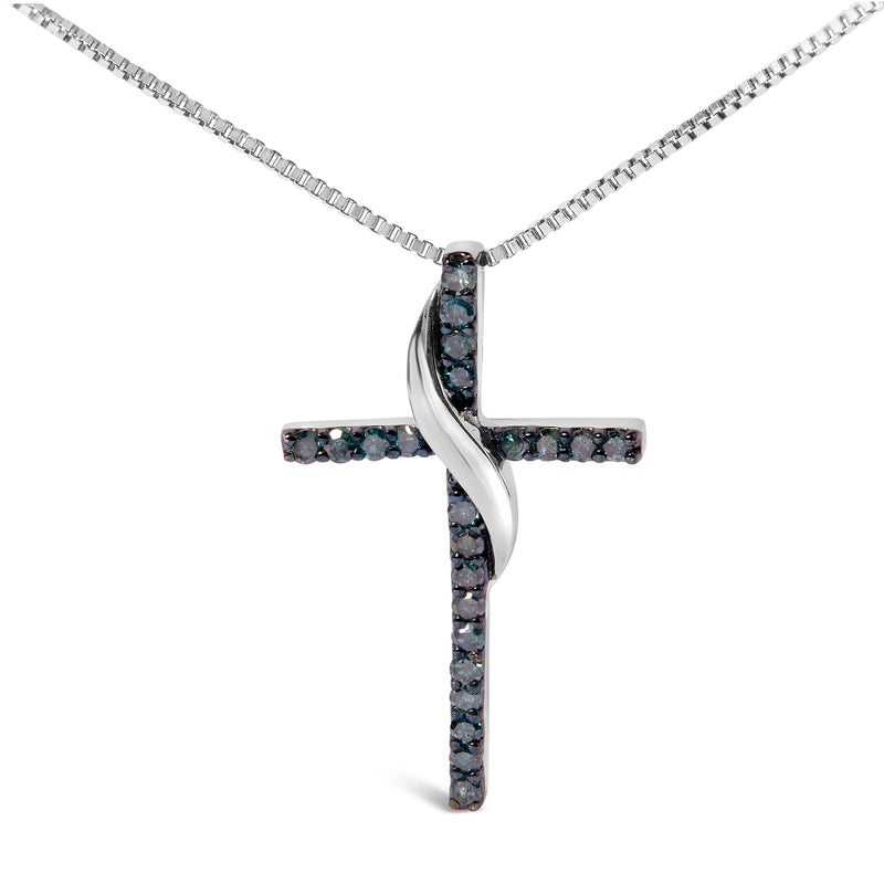 .925 Sterling Silver 1/4 Cttw Blue Diamond Ribbon Swirl over Cross Pendant Necklace (Blue Color, I2-I3 Clarity) - 18" Inches