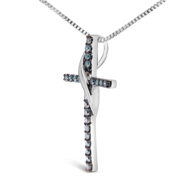 .925 Sterling Silver 1/4 Cttw Blue Diamond Ribbon Swirl over Cross Pendant Necklace (Blue Color, I2-I3 Clarity) - 18" Inches