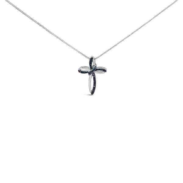 .925 Sterling Silver 1/10 Cttw Blue Diamond Swirl Ribbon and Cross Pendant Necklace (Blue Color, I3 Clarity)