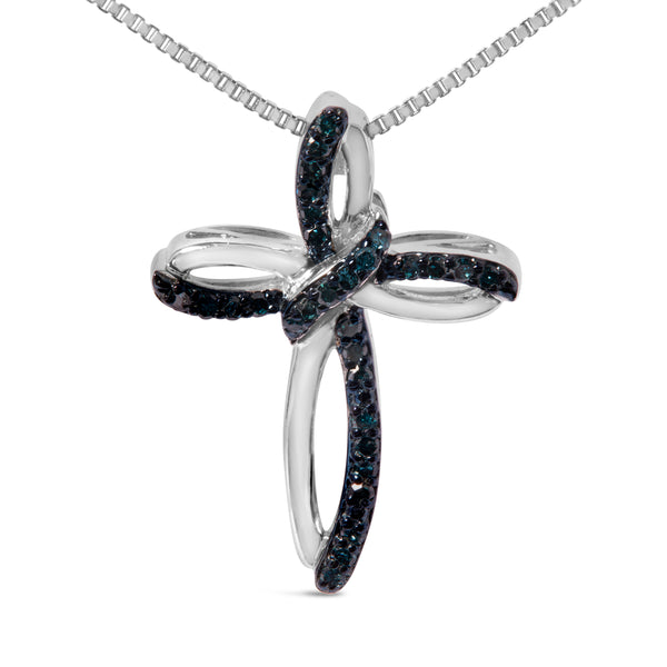 .925 Sterling Silver 1/10 Cttw Blue Diamond Swirl Ribbon and Cross Pendant Necklace (Blue Color, I3 Clarity)