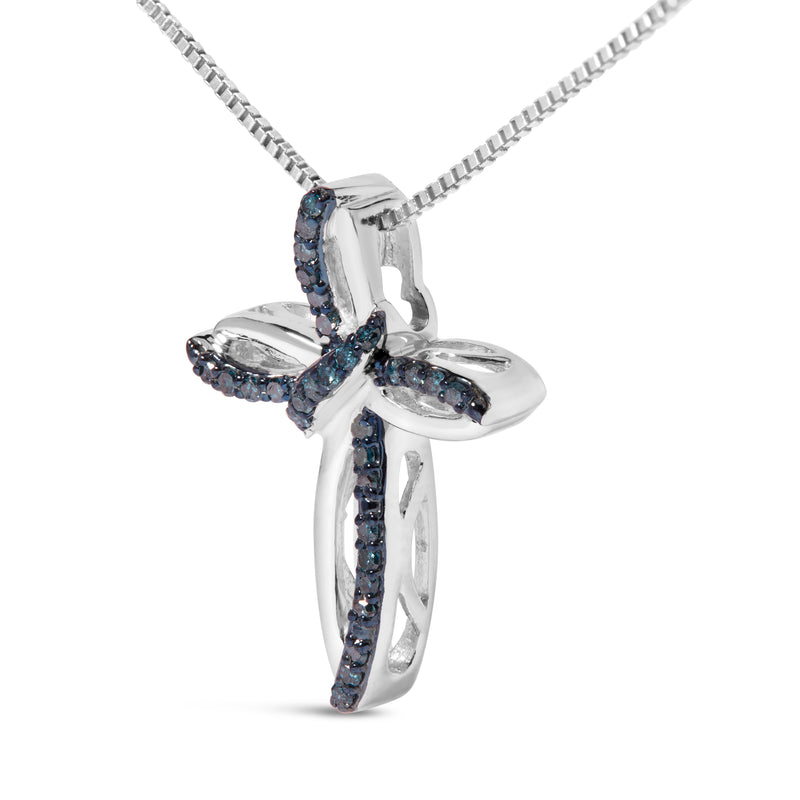 .925 Sterling Silver 1/10 Cttw Blue Diamond Swirl Ribbon and Cross Pendant Necklace (Blue Color, I3 Clarity)