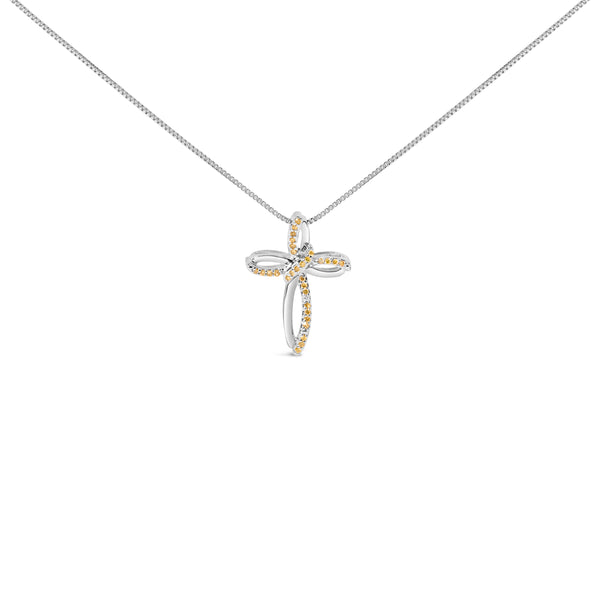 .925 Sterling Silver 1/10 Cttw Yellow Diamond Swirl Ribbon and Cross Pendant Necklace (Yellow Color, I3 Clarity)