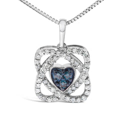 .925 Sterling Silver 3/8 Cttw Blue Diamond Heart and Woven Halo 18" Pendant Necklace (Blue Color, I1-I2 Clarity)