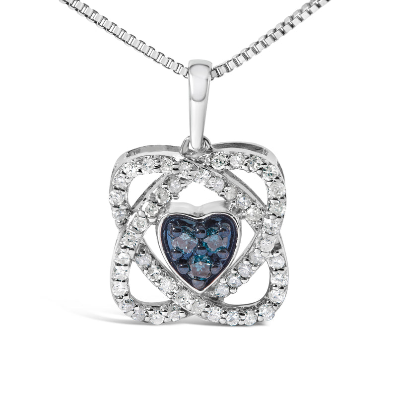 .925 Sterling Silver 3/8 Cttw Blue Diamond Heart and Woven Halo 18" Pendant Necklace (Blue Color, I1-I2 Clarity)