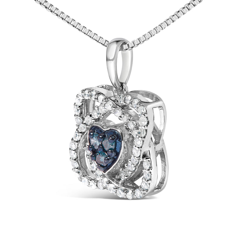 .925 Sterling Silver 3/8 Cttw Blue Diamond Heart and Woven Halo 18" Pendant Necklace (Blue Color, I1-I2 Clarity)