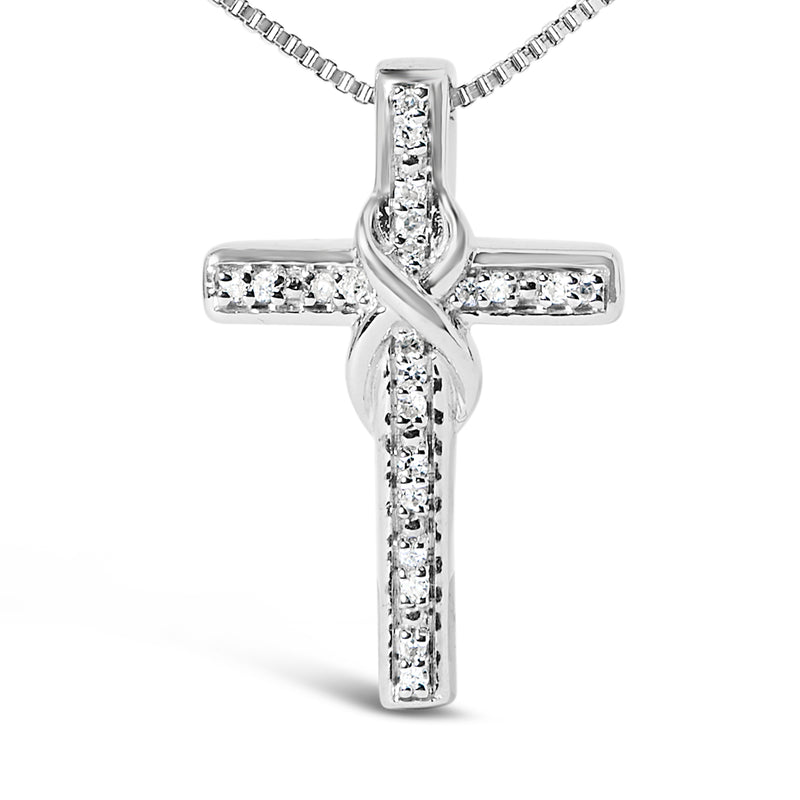 .925 Sterling Silver 1/10 Cttw Diamond Inlaid Cross with Ribbon Pendant Necklace (I-J Color, I2-I3 Clarity) - 18"