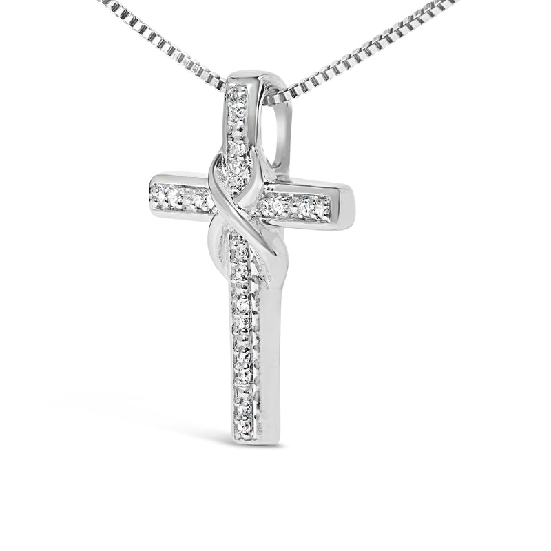 .925 Sterling Silver 1/10 Cttw Diamond Inlaid Cross with Ribbon Pendant Necklace (I-J Color, I2-I3 Clarity) - 18"