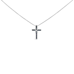 .925 Sterling Silver 1/10 Cttw Blue Diamond Inlaid Cross with Ribbon Pendant Necklace (Blue Color, I2-I3 Clarity) - 18"