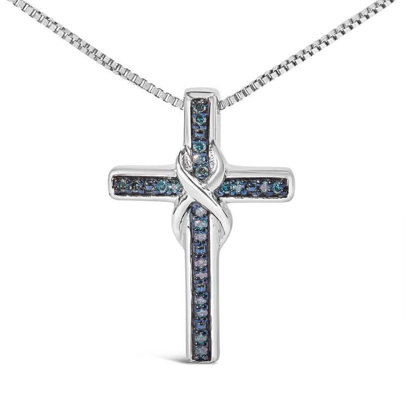 .925 Sterling Silver 1/10 Cttw Blue Diamond Inlaid Cross with Ribbon Pendant Necklace (Blue Color, I2-I3 Clarity) - 18"