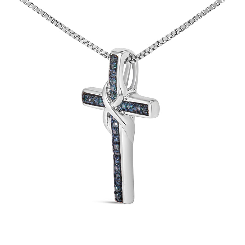 .925 Sterling Silver 1/10 Cttw Blue Diamond Inlaid Cross with Ribbon Pendant Necklace (Blue Color, I2-I3 Clarity) - 18"