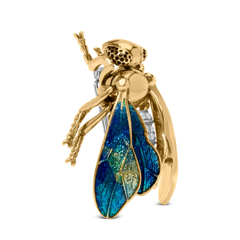 18K Yellow Gold 1/2 Cttw Pave Set Diamond and Blue-Green Enamel Bumblebee Brooch Pin (F-G Color, VS1-VS2 Clarity)