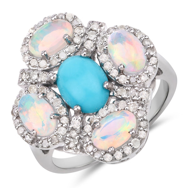 2.90 Carat Genuine Opal, Turquoise and White Diamond .925 Sterling Silver Ring