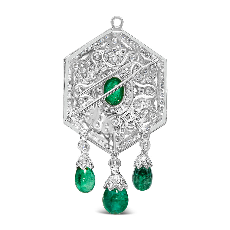 18K 2 3/4 Cttw Diamond and Emerald Dangle Art Deco Shield Brooch Pin Pendant (G-H Color, VS1-VS2 Clarity) CHAIN NOT INCLUDED