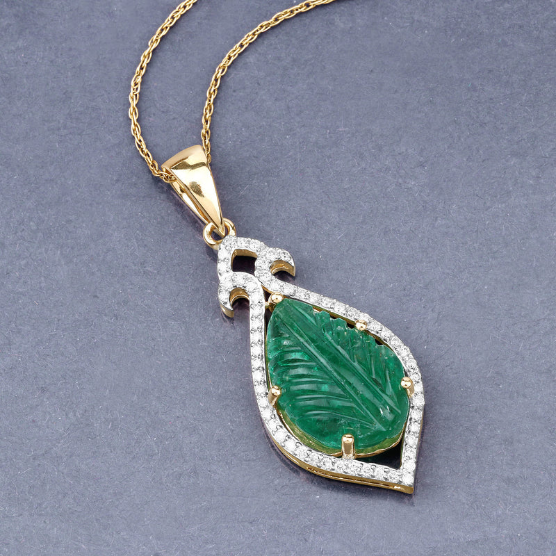 7.76 Carat Genuine Colombian Emerald and White Diamond 14K Yellow Gold Pendant