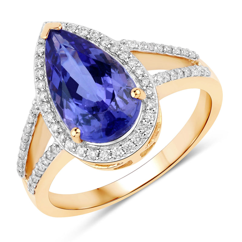 3.45 Carat Genuine Tanzanite and White Diamond 14K Yellow Gold Ring