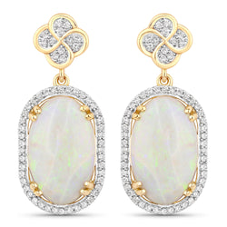 7.37 Carat Genuine White Opal and White Diamond 14K Yellow Gold Earrings