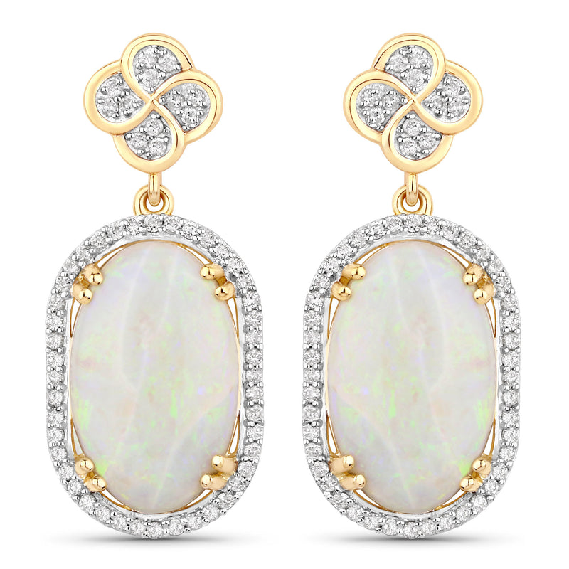 7.37 Carat Genuine White Opal and White Diamond 14K Yellow Gold Earrings