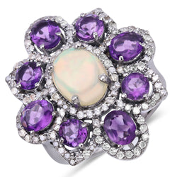 4.53 Carat Genuine Amethyst, Opal and White Diamond .925 Sterling Silver Ring