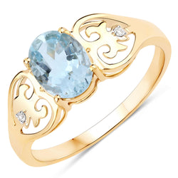 1.06 Carat Genuine Aquamarine and White Diamond 10K Yellow Gold Ring