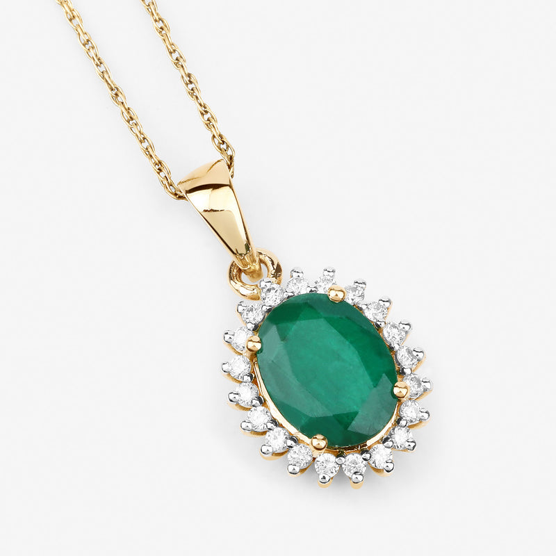 1.96 Carat Genuine Zambian Emerald and White Diamond 14K Yellow Gold Pendant