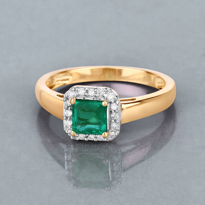 0.77 Carat Genuine Zambian Emerald and White Diamond 14K Yellow Gold Ring