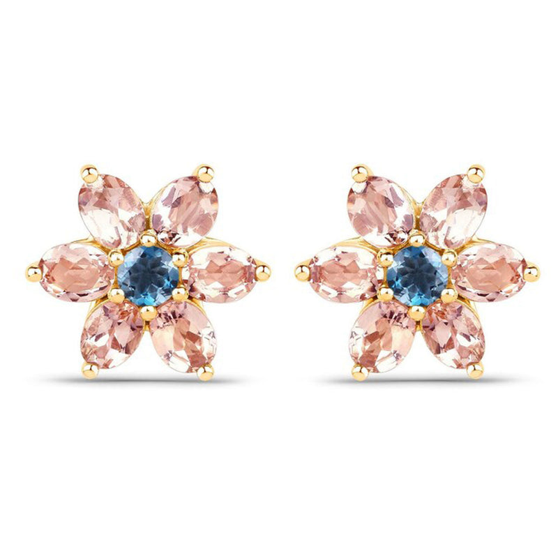 2.08 Carat Genuine Morganite and London Blue Topaz 10K Yellow Gold Earrings