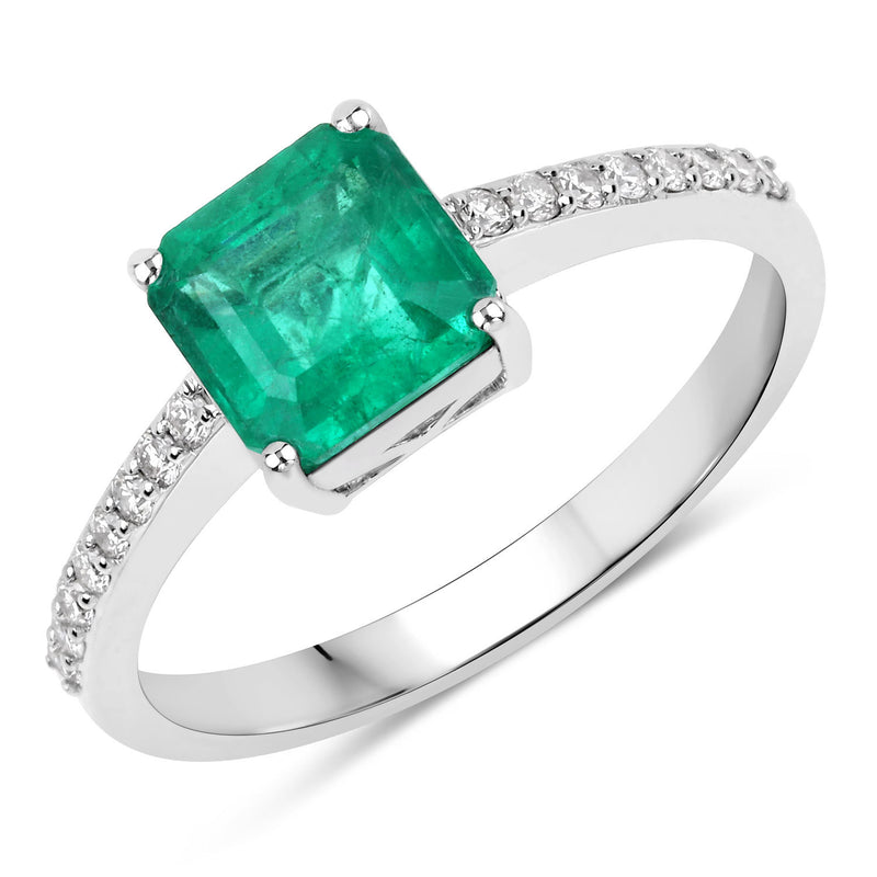 IGI Certified 1.56 Carat Genuine Zambian Emerald and White Diamond 14K White Gold Ring