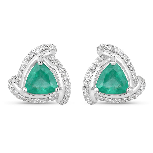 1.23 Carat Genuine Zambian Emerald and White Diamond 14K White Gold Earrings