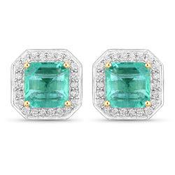 1.90 Carat Genuine Emerald and White Diamond 14K Yellow Gold Earrings