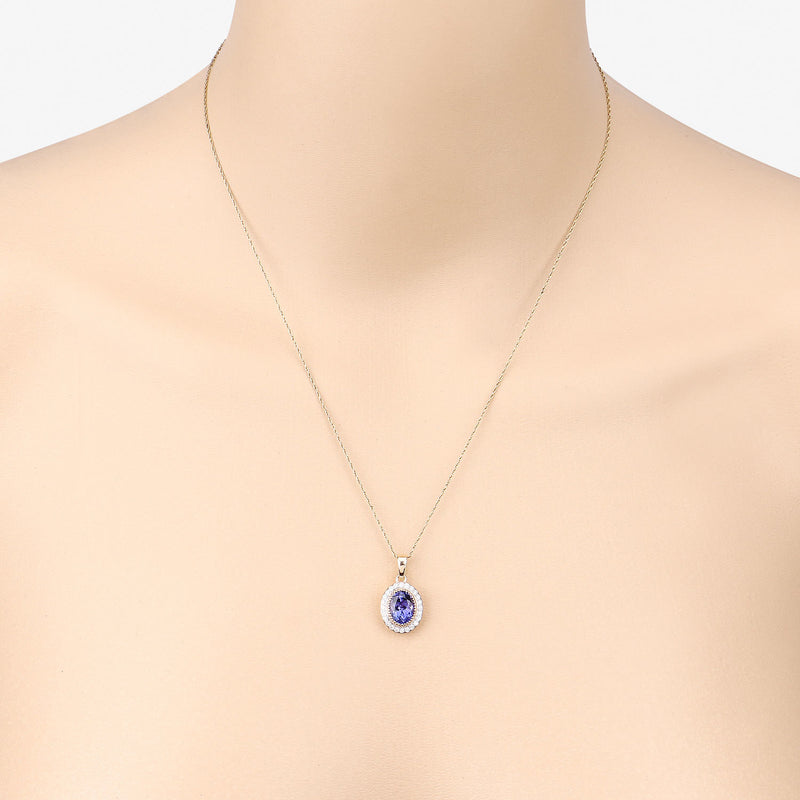 2.13 Carat Genuine Tanzanite and White Diamond 14K Yellow Gold Pendant