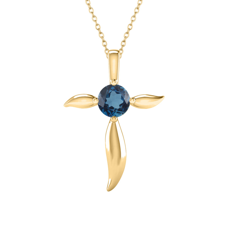 V3 Jewelry 18K Gold Plated with Round Natural London Blue Topaz Cross Pendant with 18" Chain